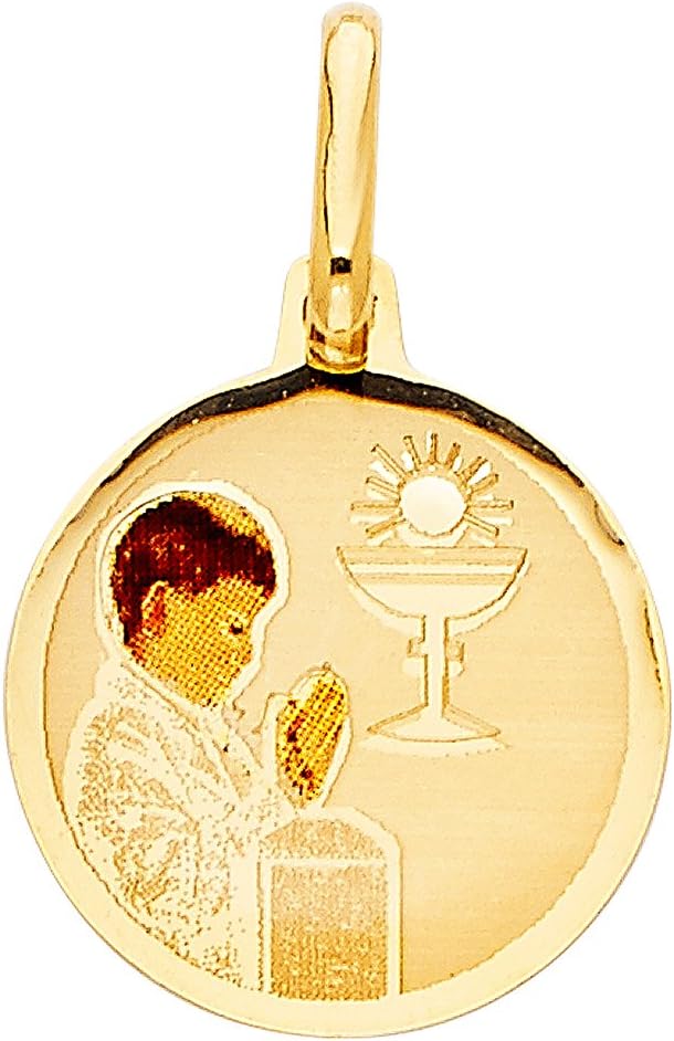 14k Yellow Gold Small/Mini First Communion Picture Medal Boy (17mm x 15mm), with 18' Rolo Chain