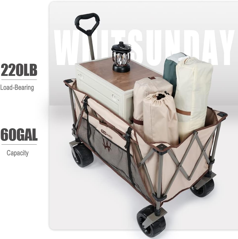 Whitsunday Heavy Duty Collapsible Wagon Cart, 380lb Load-Bearing Utility Wagon Cart with Big All Terrain Wheels, Folding Outdoor Wagon with Side Pocket for Beach, Camping, Outdoor Beige