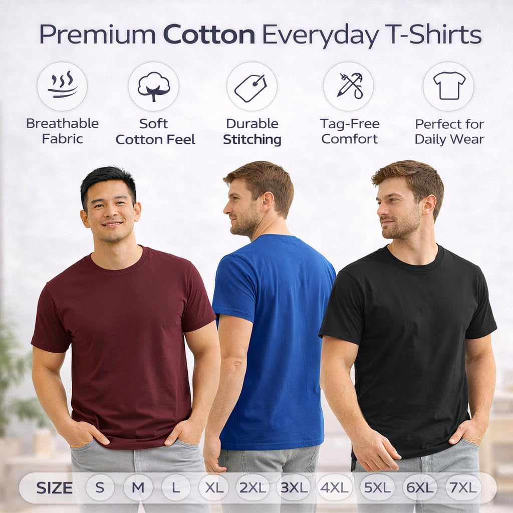 SOCKS'NBULK Men's Cotton Crew Neck Regular T-Shirts Bulk Short Sleeve Lightweight Tees Mix Colors