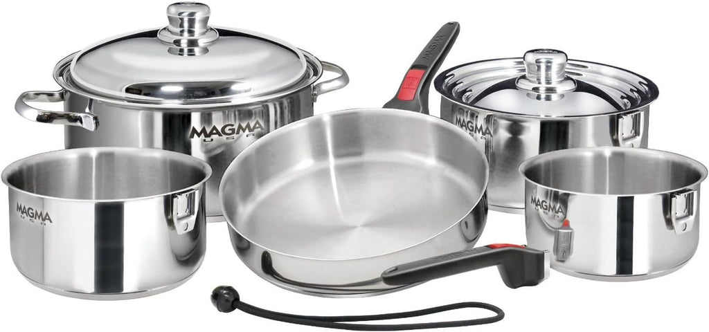 Magma 10 Piece Gourmet Nesting Stainless Steel Cookware Set, Induction Compatible, Oven Safe to 500°F - Suitable for All Stovetops, Removable Handles, Silver