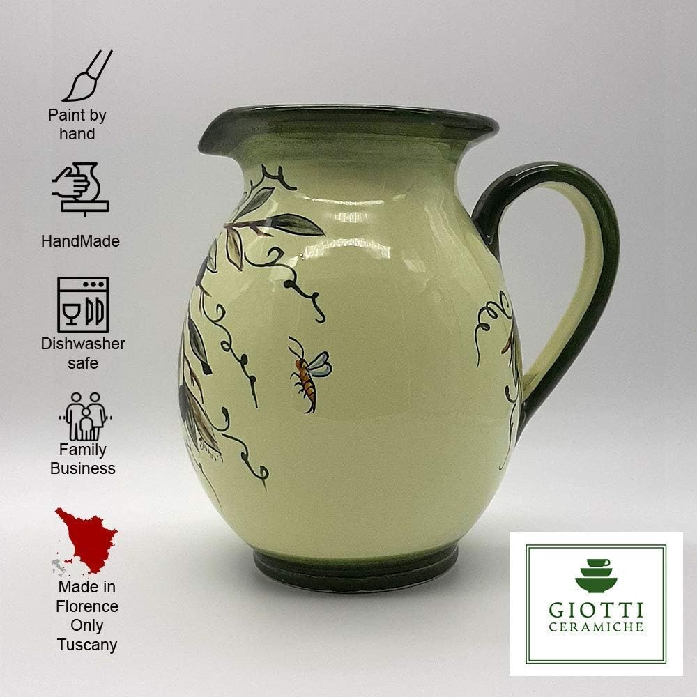 Italian Ceramic Pitcher Olive Design - 33 oz Hand Painted Utensil Holder Or Carafe Design for Kitchen - Made in ITALY Tuscany - Italian Pottery Vase Jar for Wine - Home Decor Ceramics Dispenser