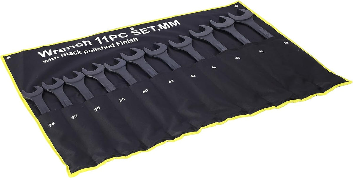 11PC Jumbo Combination Wrench Set, Metric, 34-50mm, Extra Large Combination Wrench Sets, Black Oxide Finish with Pouch (11PC-Metric)