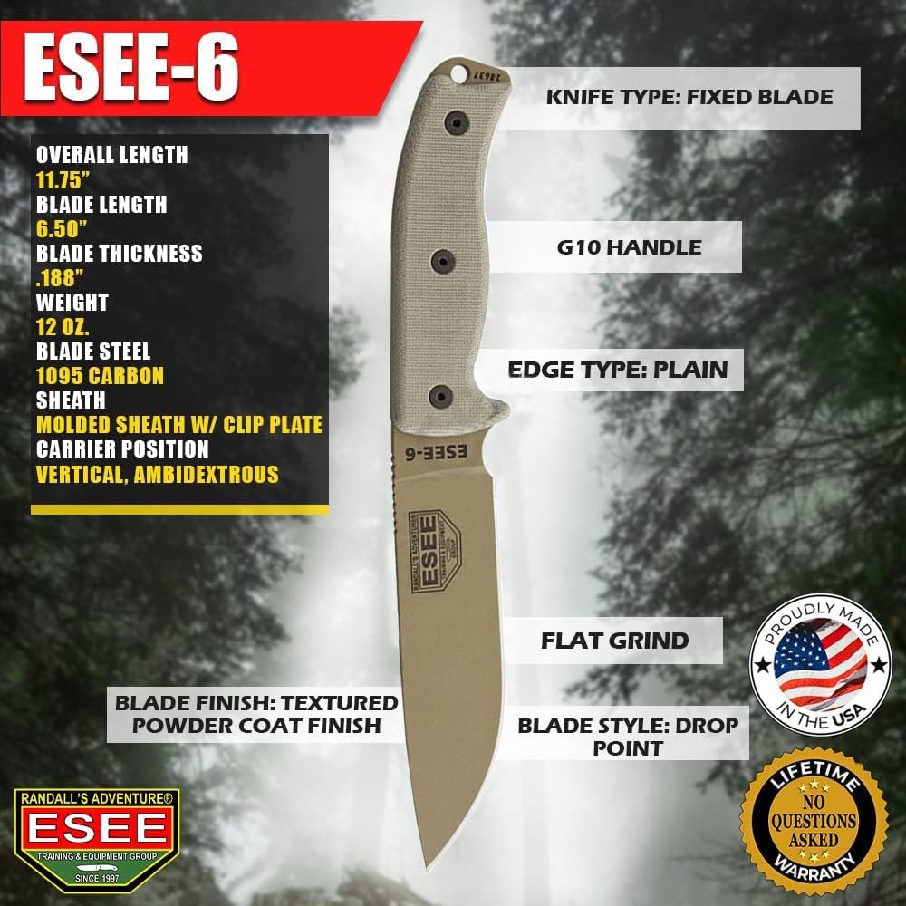 ESEE Knives 6P Fixed Blade Knife w/Molded Polymer Sheath (Dark Earth Blade/Black Sheath)