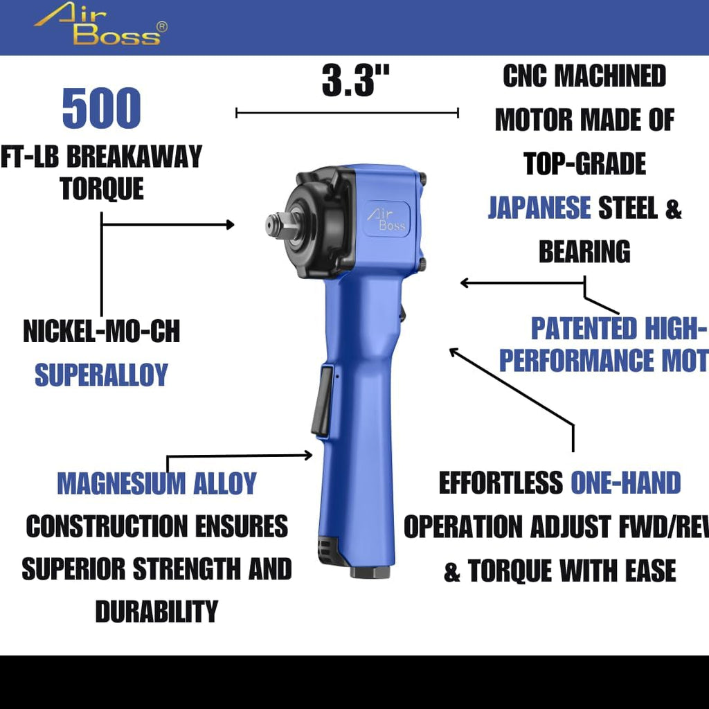 Airboss AW-80JL 1/2-Inch Angle Air Impact Wrench, 500 ft-lbs Breakaway Torque, Jumbo Hammer, Magnesium Alloy, Extended Handle Lightweight Pneumatic Tool for Tight Spaces, Underbody Access
