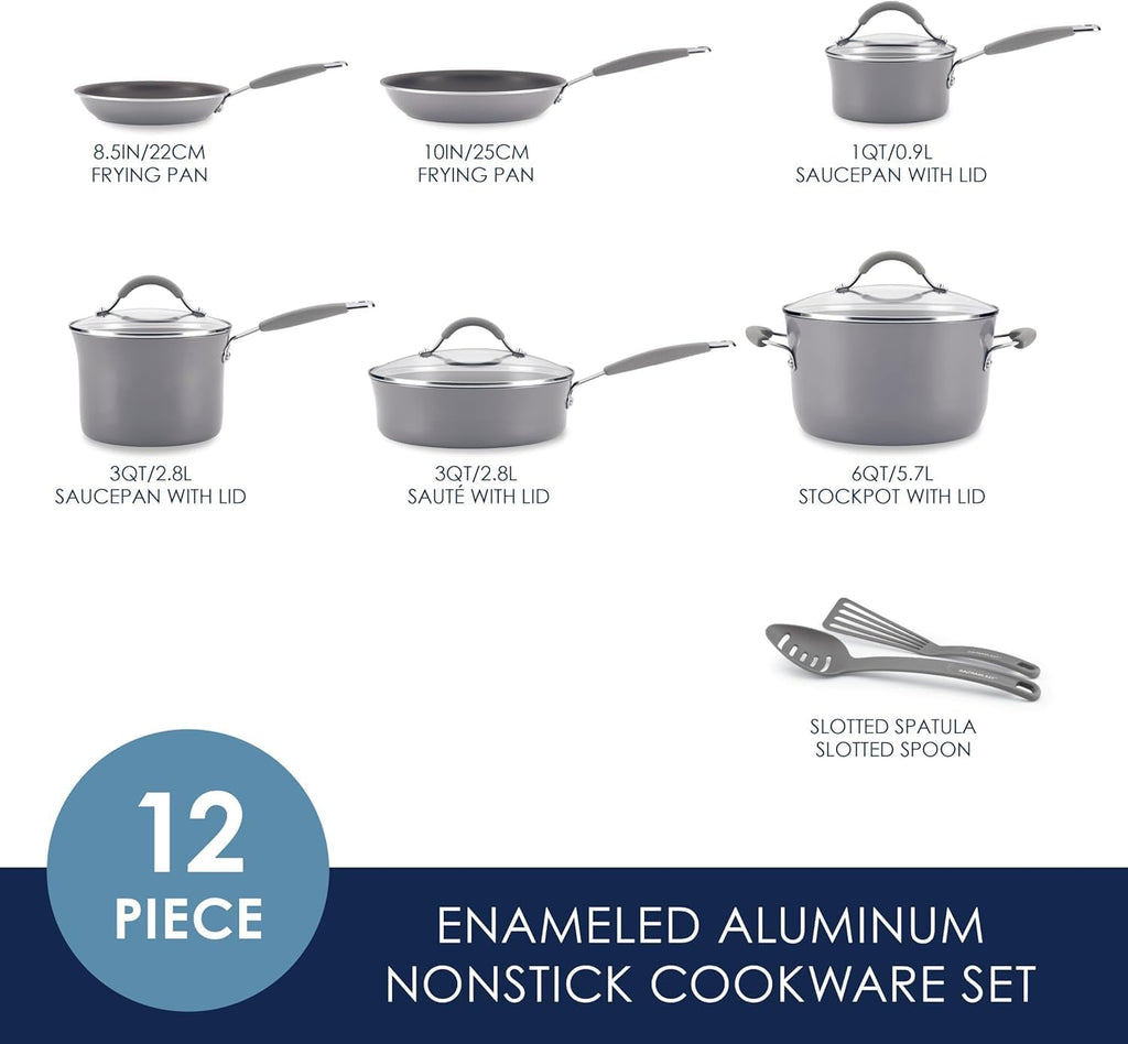 Rachael Ray Cucina Nonstick Cookware, Sea Salt Gray Pots and Pans Set, 12-Piece