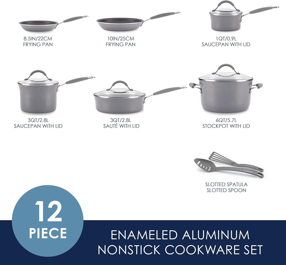 Rachael Ray Cucina Nonstick Cookware, Sea Salt Gray Pots and Pans Set, 12-Piece