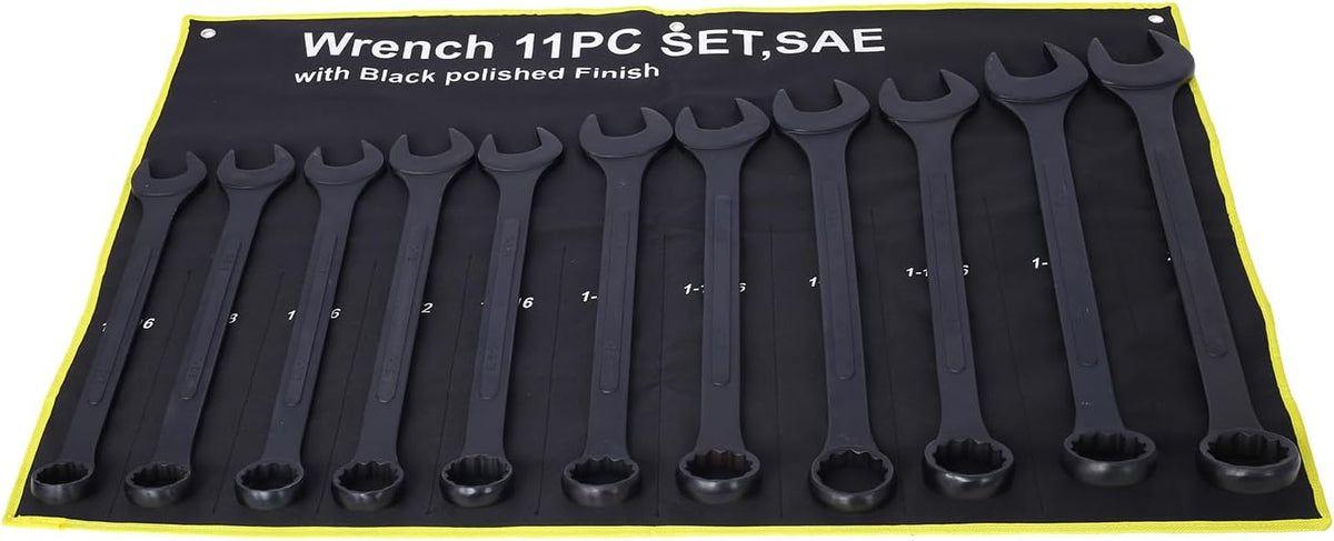 11PC Jumbo Combination Wrench Set, SAE, 1-5/16'' to 2 inch, Extra Large Combination Wrench Sets, Black Oxide Finish with Pouch (11PC-SAE)