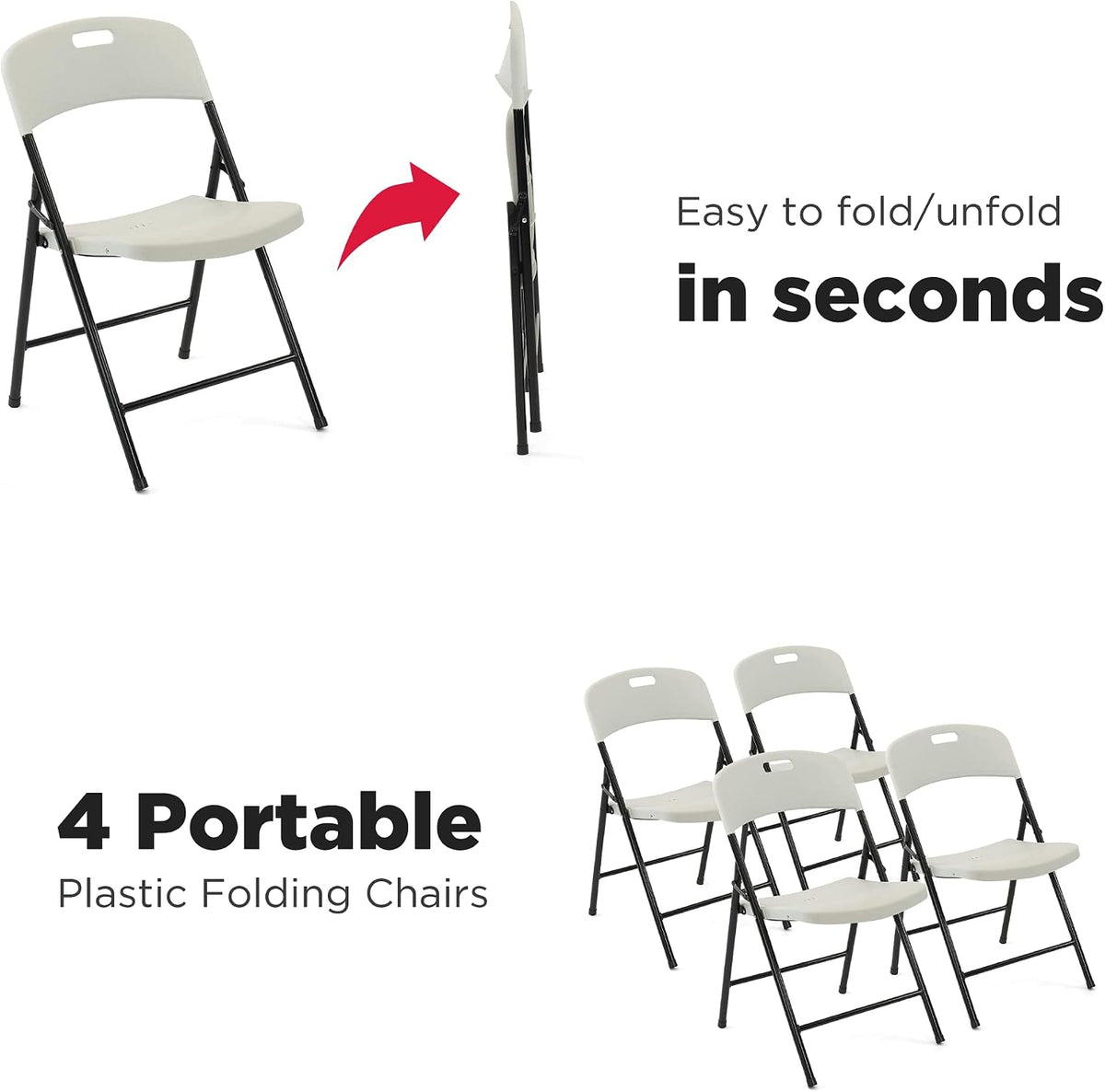 Creative Plastic Folding Chairs (4 Pack) - Portable Lightweight Folding Chairs for Indoor and Outdoor Steel Frame Used for Events, Party, Garden, Camping, Picnic, Tailgating (White)