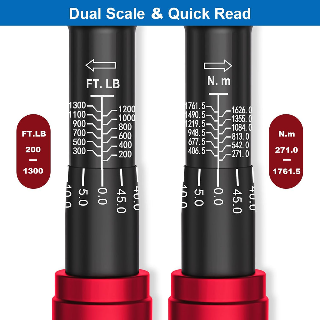 SUERCUP 1-inch Drive Click Torque Wrench, 200-1300Ft-Lb/271-1761.5Nm, 48 Tooth Dual-Direction Click Torque Wrench with a Hex Key for Wind Turbines, Car andTruck Repair etc