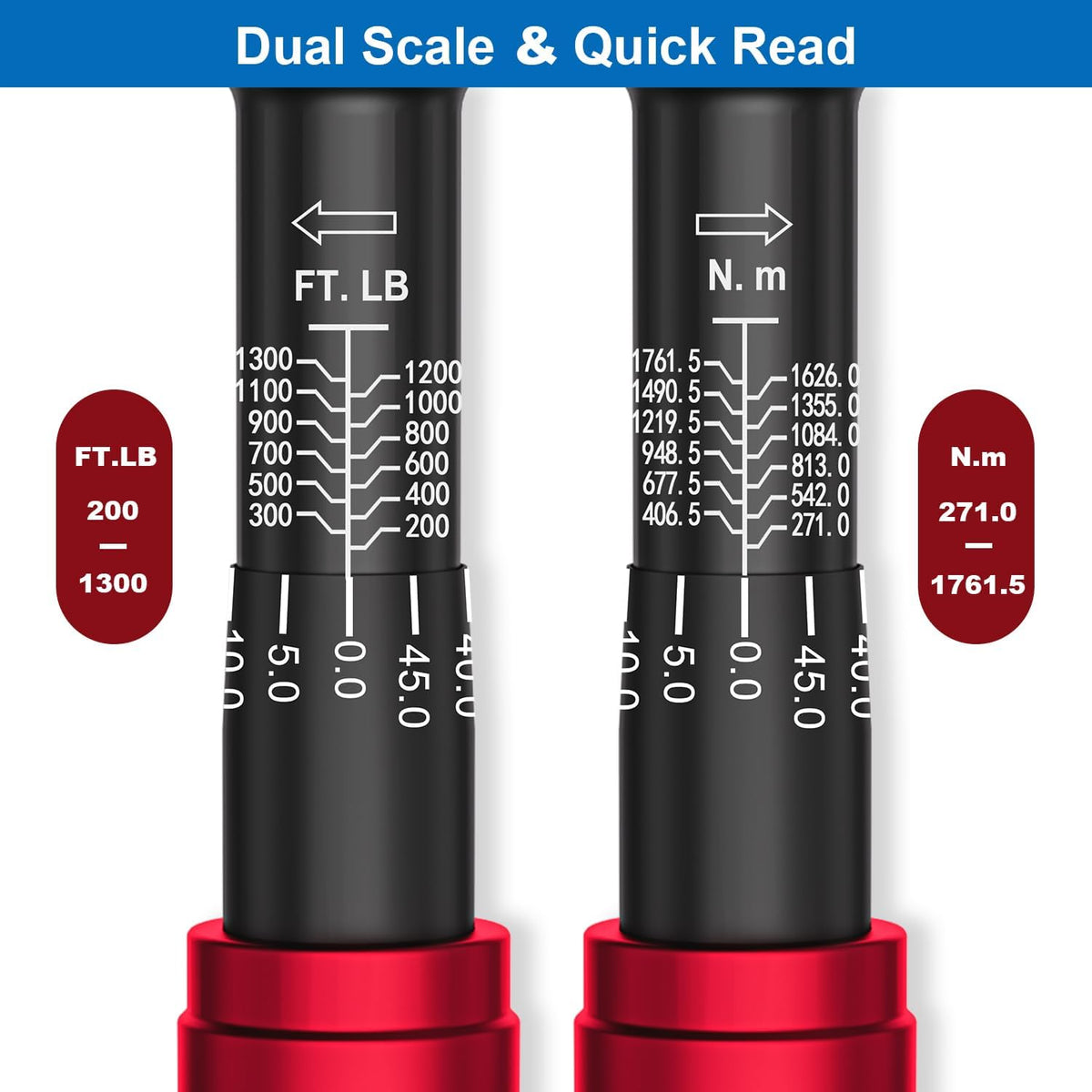 SUERCUP 1-inch Drive Click Torque Wrench, 200-1300Ft-Lb/271-1761.5Nm, 48 Tooth Dual-Direction Click Torque Wrench with a Hex Key for Wind Turbines, Car andTruck Repair etc