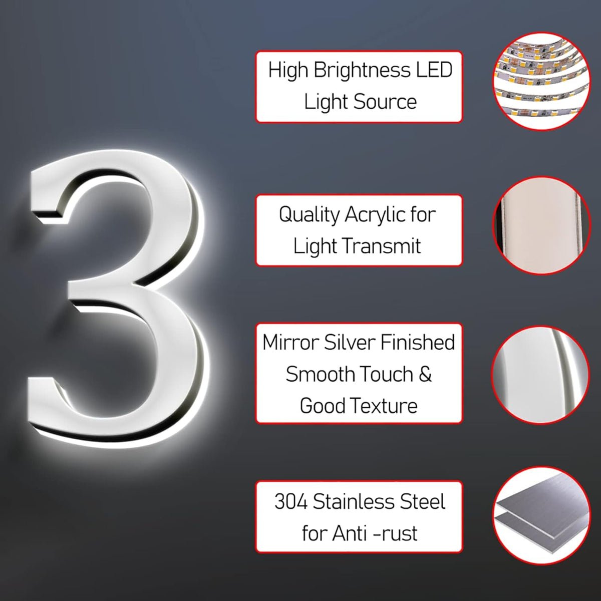 Personalized Illuminated LED House Address Number For Wall 18', Metal House Sign With LED, Lighted Up House Numbers For Outside, Street Address,M
