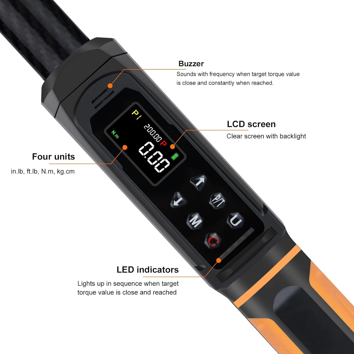 Digital Torque Wrench 1/2 Drive with Carbon Fiber Body, 2.2-147.5 Ft.lb Range, ±1% Accuracy with Vibration, Buzzer and LED Alert, Suitable for Car, Motorcycle and Bicycle