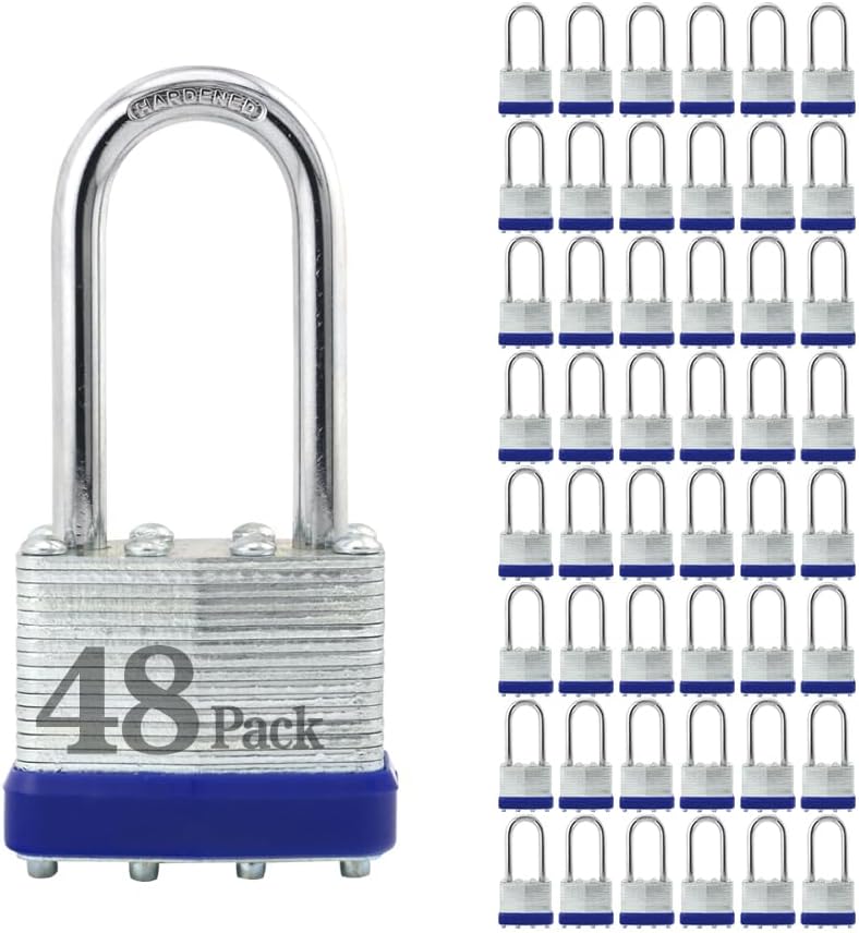 ZonRo Locks Laminated Steel Keyed Padlock, Keyed Alike Locks,1-9/16'(40mm) Wide Body,Long Shackle Padlock, Blue Plastic Hoop, Pack of 48