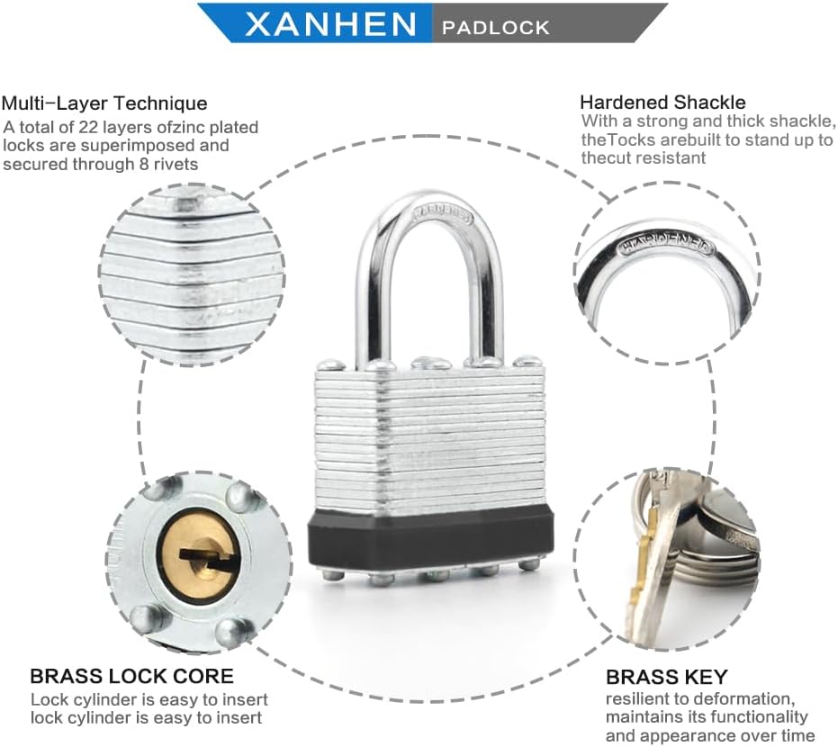 Keyed Alike Laminated Steel Padlocks, Standard Shackle, for Hasp, Shed, Fence, Storage Locker, School, Gym (60 Pack)