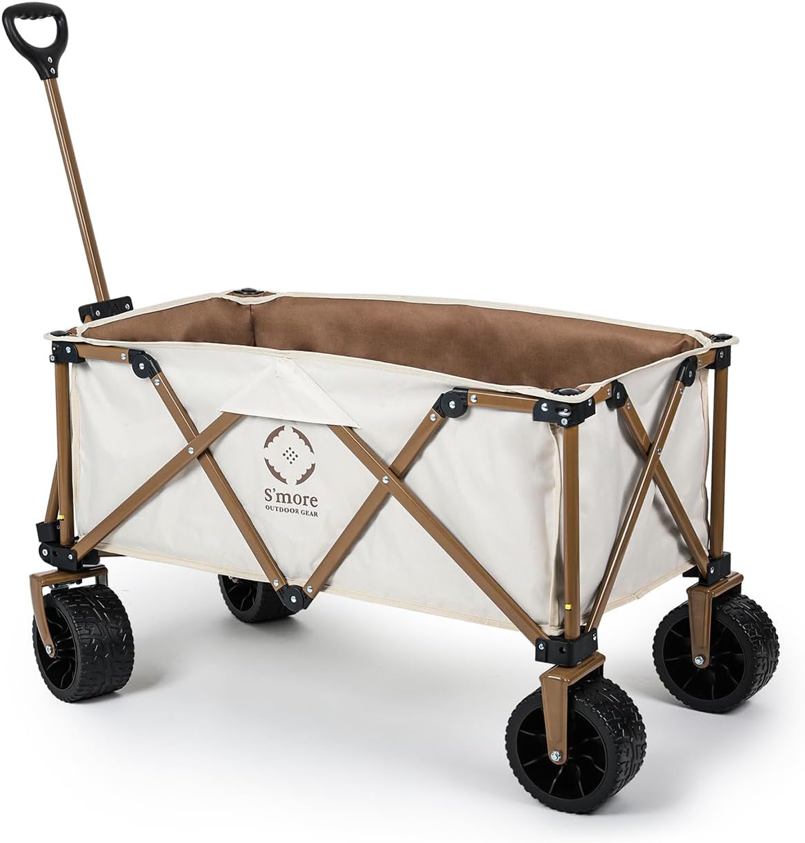 S'more Collapsible Folding Wagon Cart with Big All-Terrain Wheels, Heavy Duty Foldable Beach Cart with Brakes, Utility Grocery Wagon for Camping Garden Shopping Outdoor Sports, Beige