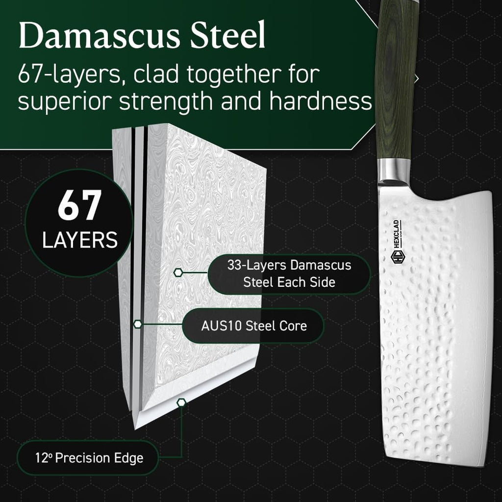 HexClad 7 Inch Japanese Damascus Stainless Steel Cleaver Knife, Full Tang Construction, Pakkawood Handle