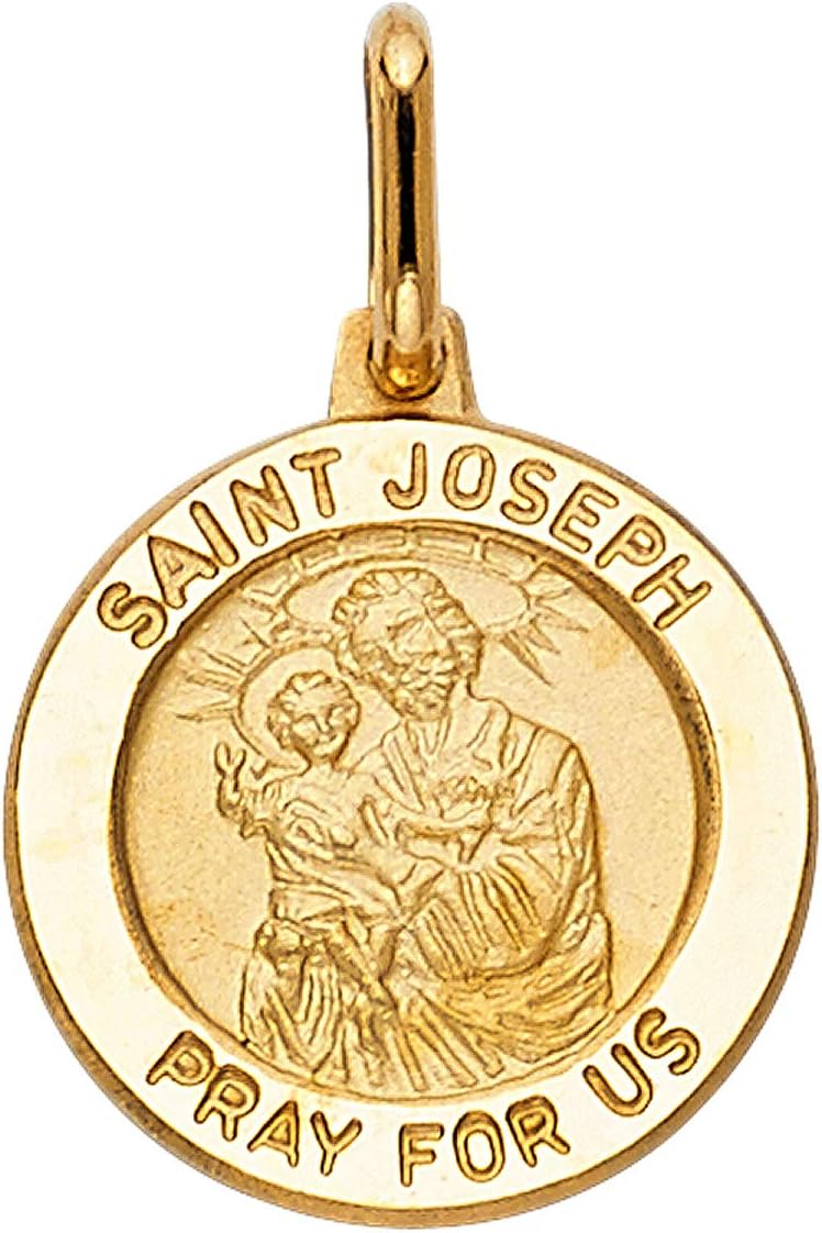 TGDJ 14k Yellow Gold Religious Saint Joseph Medal Pendant with 1.2mm Cable Chain Necklace