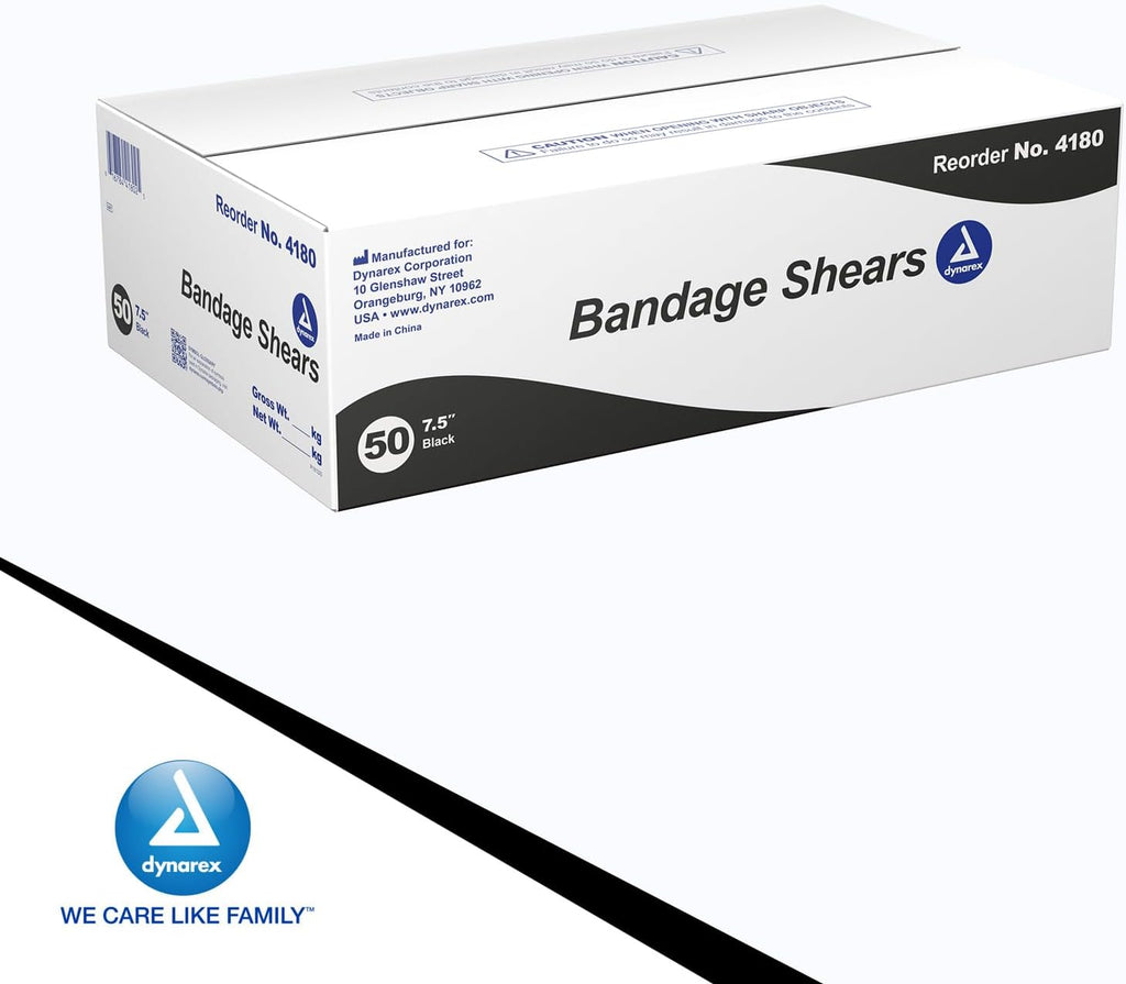 Dynarex Bandage Scissors - 7.5' Trauma Shears for Nurses, EMT - Serrated Stainless Steel Blades, Box of 50 Pieces (Black)
