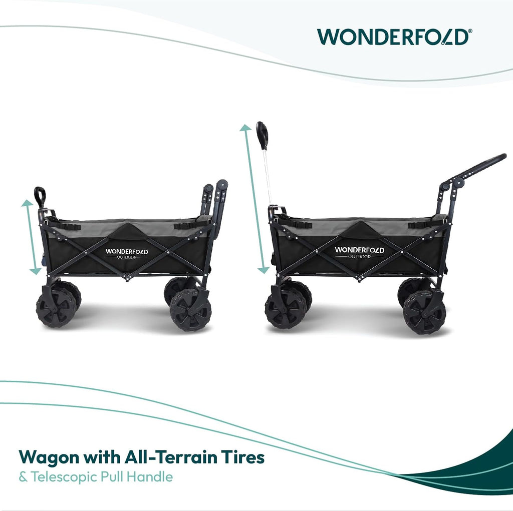 WONDERFOLD S2 Push & Pull Folding Utility Cart with Wide Beach Tires, Adjustable Push Handle, Telescopic Pull Handle with Spring Bounce Technology & Storage Pouch, Black/Gray