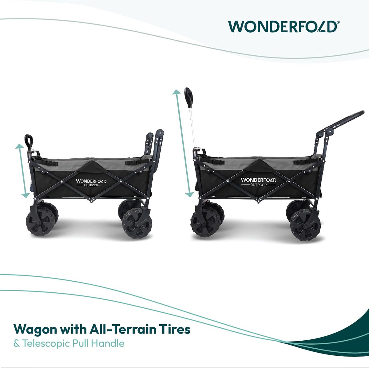 WONDERFOLD S2 Push & Pull Folding Utility Cart with Wide Beach Tires, Adjustable Push Handle, Telescopic Pull Handle with Spring Bounce Technology & Storage Pouch, Black/Gray
