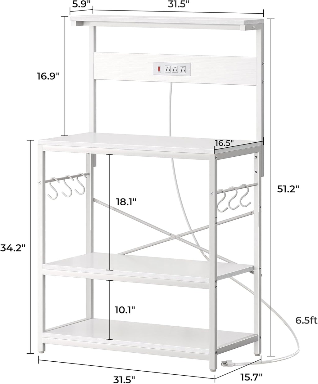 SUPERJARE Bakers Rack with Power Outlets, Microwave Stand, 31.5 X 16.5 Inch Larger Desktop, Kitchen Storage Rack with Adjustable Middle Shelf, 6 S-Shaped Hooks, Coffee Bar Stand, White