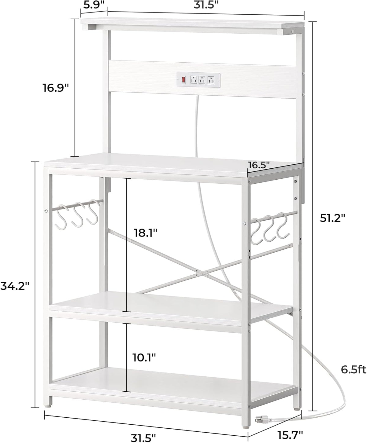 SUPERJARE Bakers Rack with Power Outlets, Microwave Stand, 31.5 X 16.5 Inch Larger Desktop, Kitchen Storage Rack with Adjustable Middle Shelf, 6 S-Shaped Hooks, Coffee Bar Stand, White