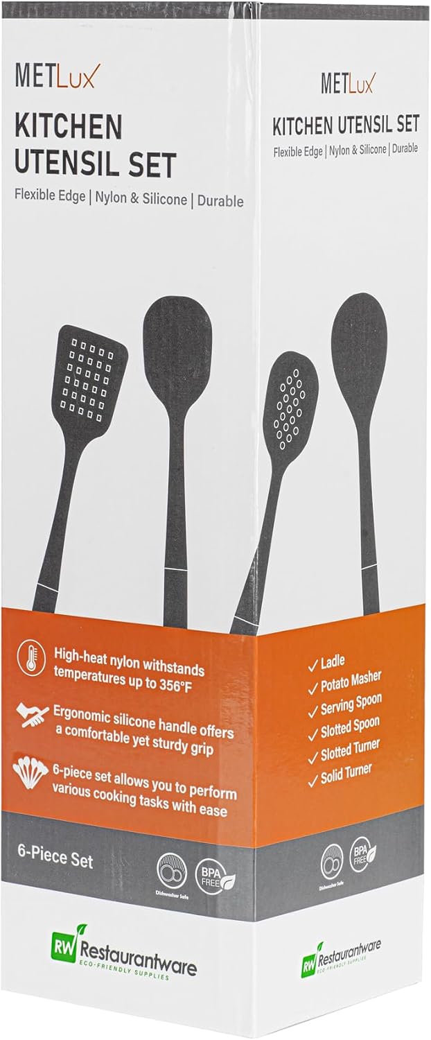 Restaurantware Silicone Utensil Set Pack of 10 Non-Slip Handle 6-Piece Nylon Kitchen Tool Set, Heat-Resistant Dishwasher-Friendly Cooking Accessories, Durable Gray and White Cooking Utensils