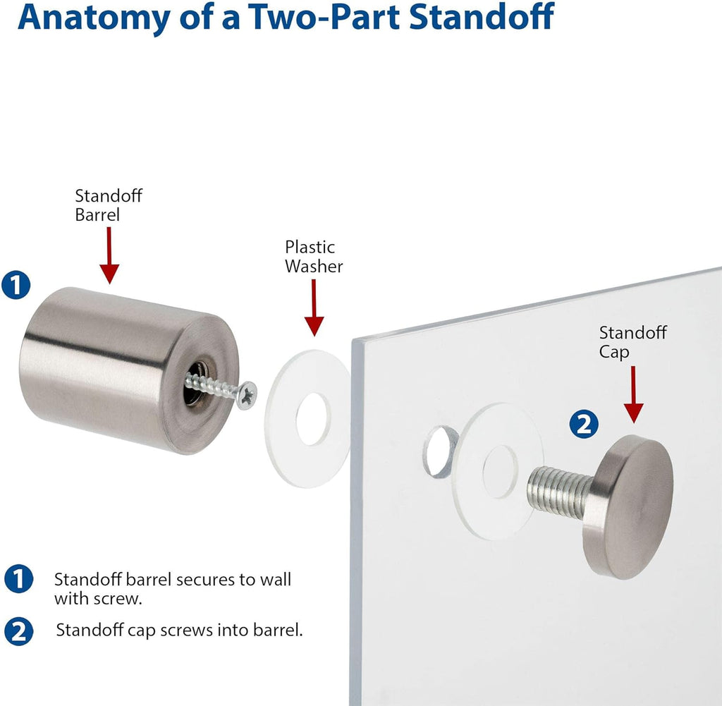 Stainless Steel Standoff 3/4 Inch Diameter x 3 Inch Barrel Length Brushed Finish for PVC, Glass and Acrylic Sign Stand Off Wall Anchors and Screws 100 Piece Commercial Space Pack