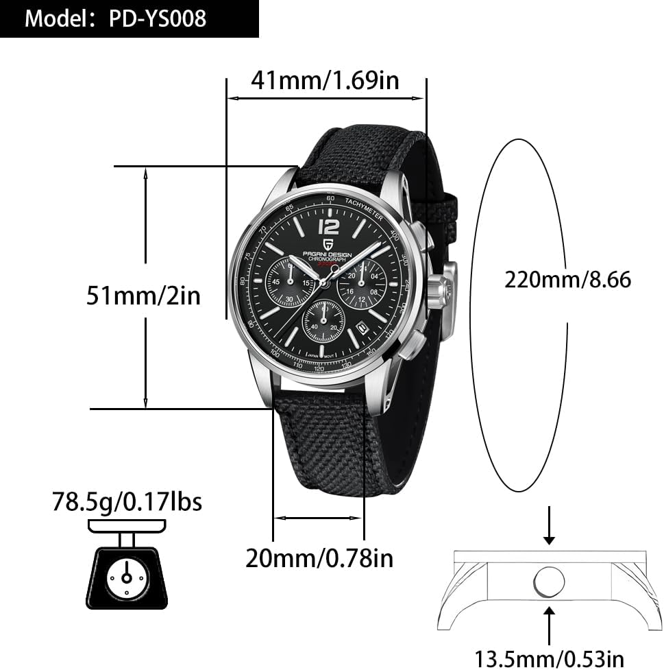 Pagani Design Men's Watch, Quartz Chronograph, 100M Water Resistant Stainless Steel Case, 40mm Dial Diameter, Sapphire Glass, Nylon Strap, Sporty Casual