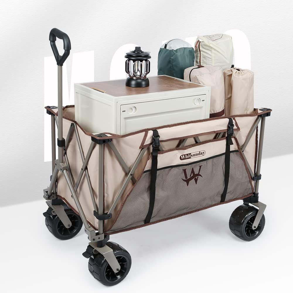 Whitsunday Heavy Duty Collapsible Wagon Cart, 380lb Load-Bearing Utility Wagon Cart with Big All Terrain Wheels, Folding Outdoor Wagon with Side Pocket for Beach, Camping, Outdoor Beige