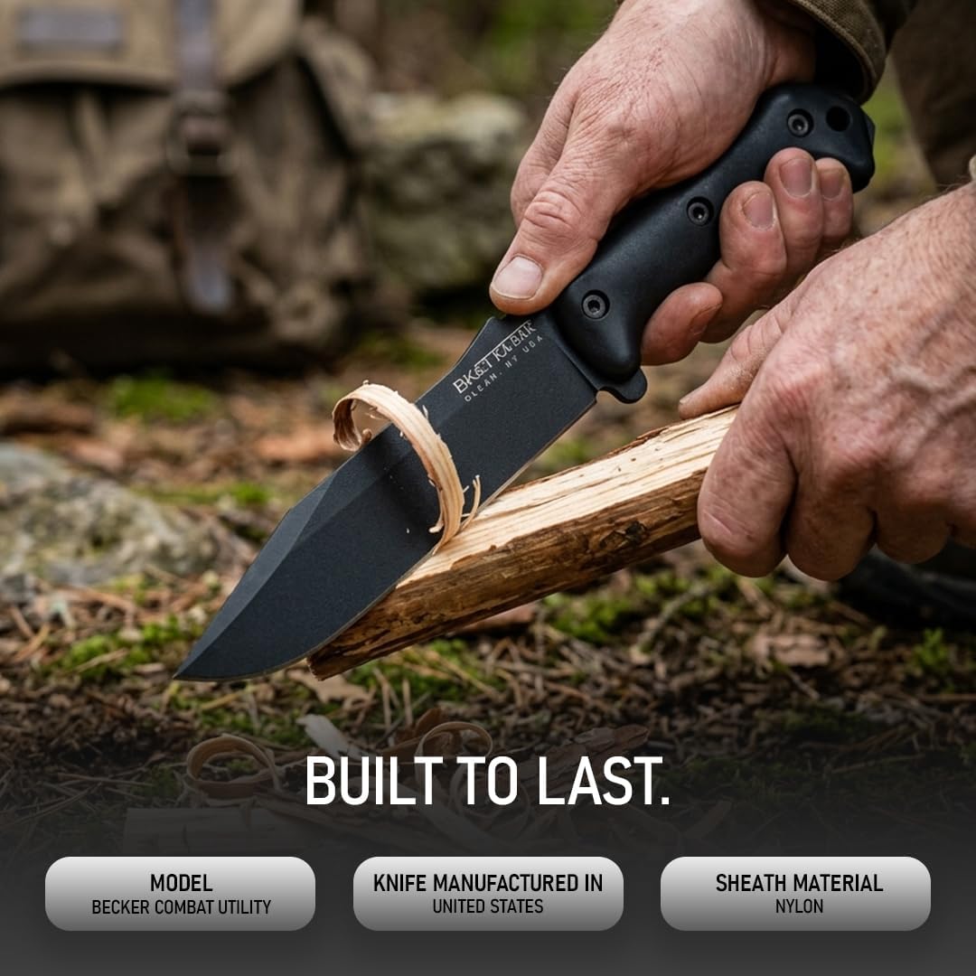 KA-BAR BK7 Becker Combat Utility Fixed Blade Knife 7' Clip Point 1095 Cro-Van Black Powder Coat Blade Zytel Handle Black