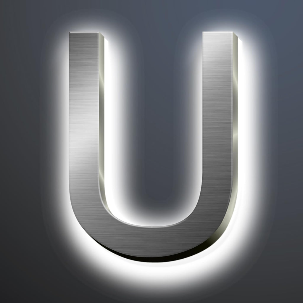 Backlit LED Illuminated House Numbers For Outside 18', Stainless Steel Modern Lighted Address Signs For Home, Illuminated Address Numbers, Brushed Silver, White Light,U