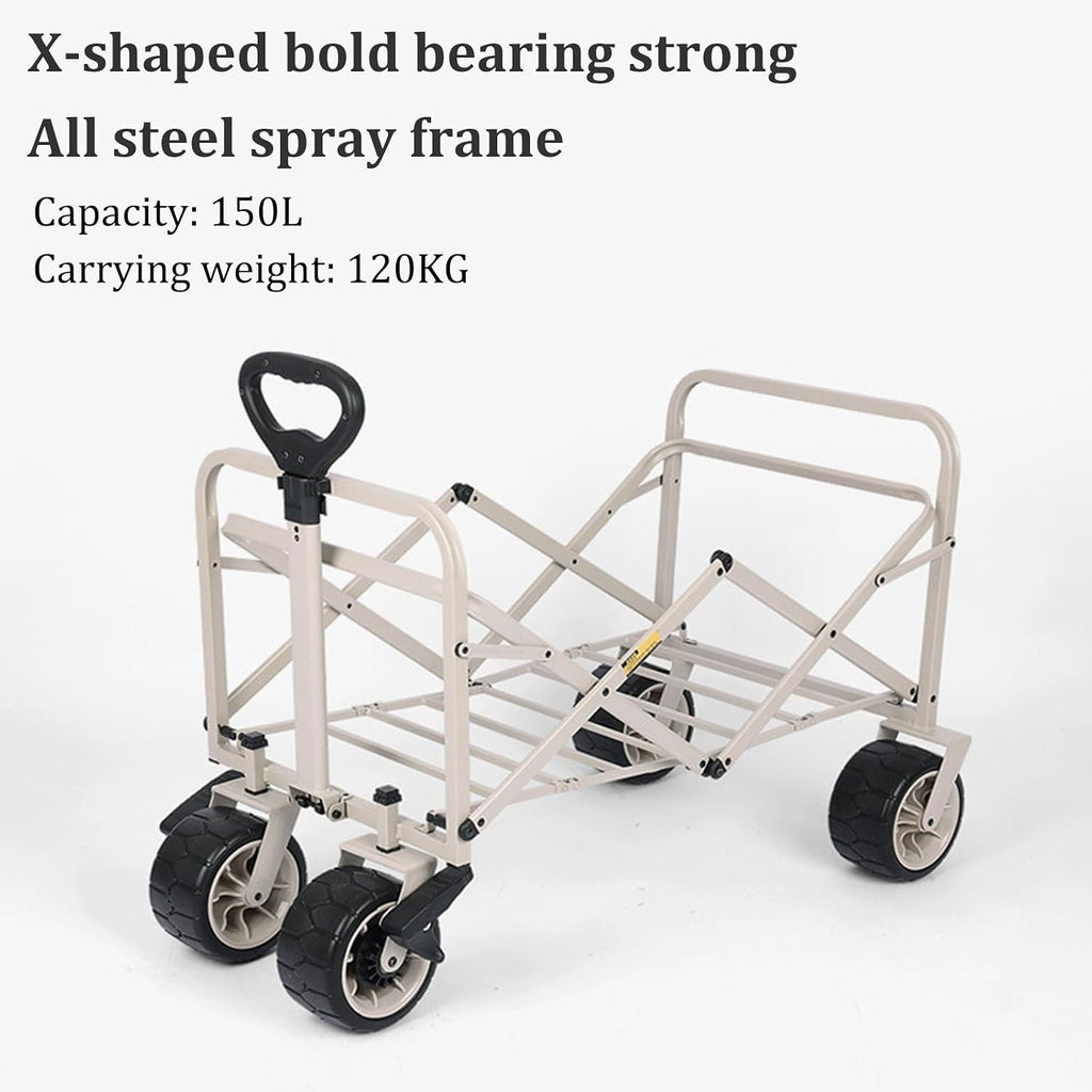 Garden Carts,Green Collapsible Wagon,Light Coffee Color Sports Outdoor Utility Wagon Folding Bearing 120Kg Garden Wagon Sports Heavy Duty Steel Frame Foldable Yard Car