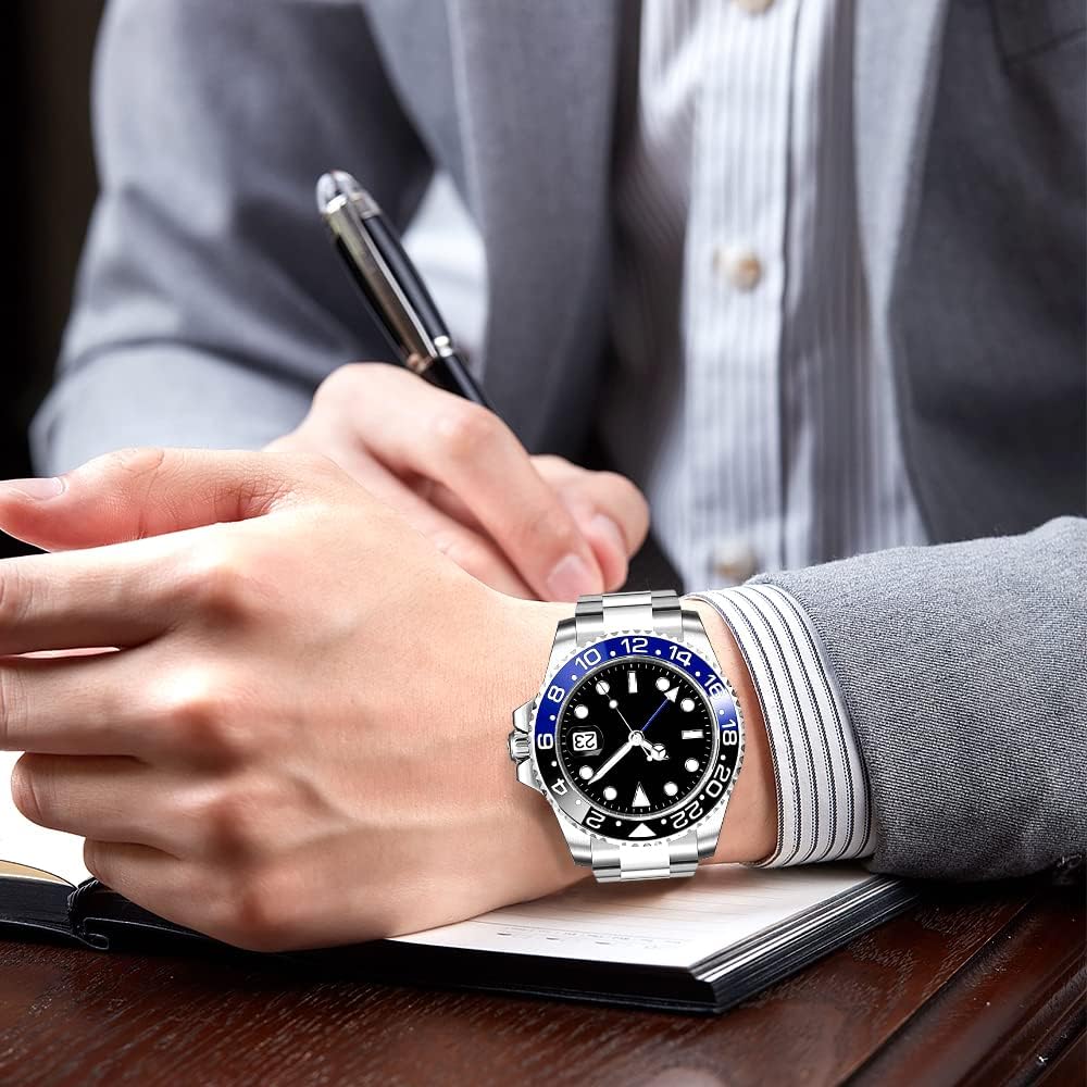 FANMIS GMT Master Sapphire Glass Blue and Black Ceramic Bezel Men's Silver Automatic Watch