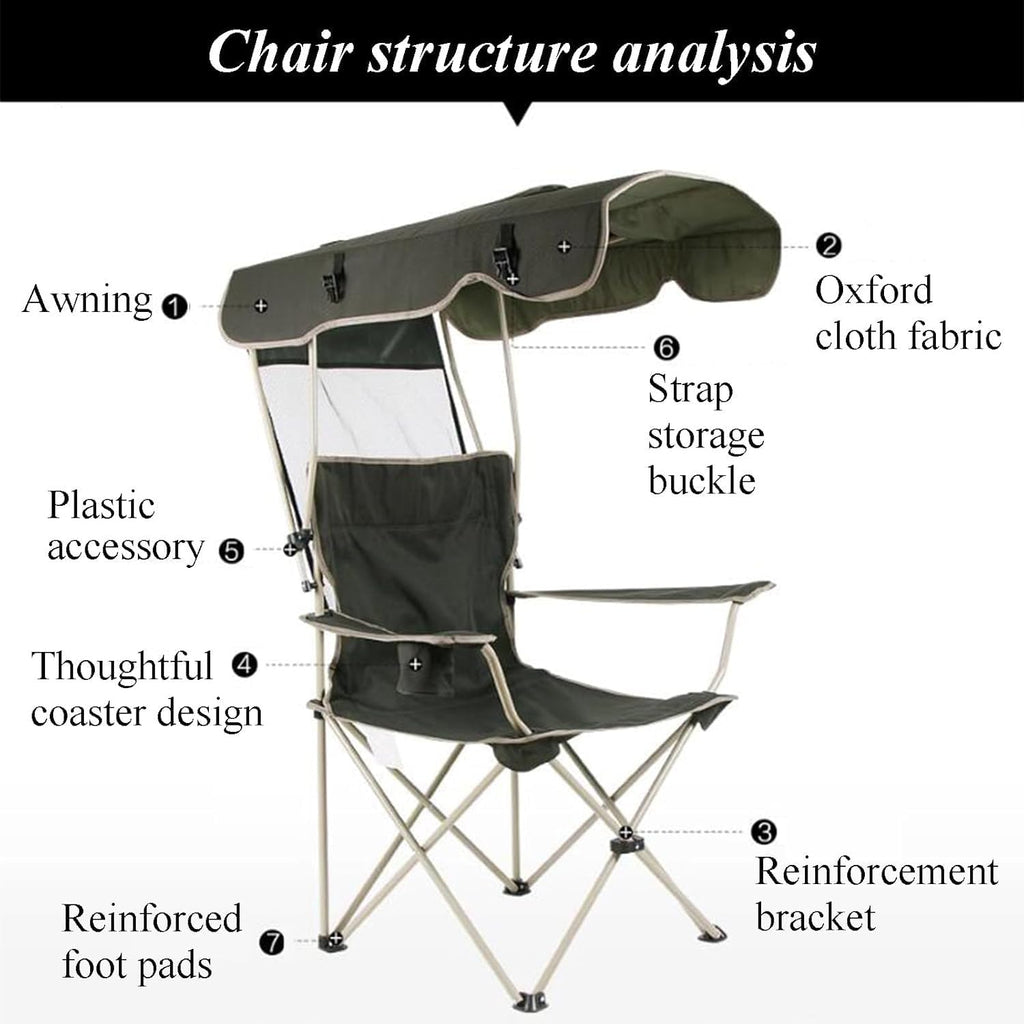 ESHINEDE Outdoor Camping Chairs Lightweight Picnic Chairs Compact Foldable Chairs with Umbrella On Top & Extra Wide Seats for Hiking