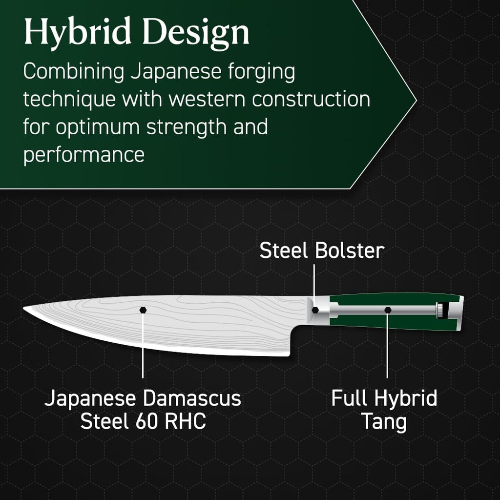 HexClad 8 Inch Japanese Damascus Stainless Steel Chefs Knife, Full Tang Construction, Pakkawood Handle