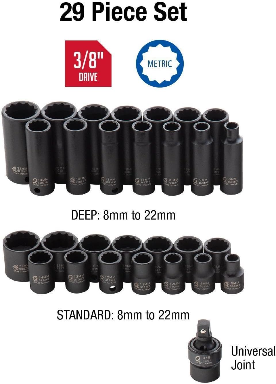 SUNEX TOOLS 3330, 3/8 Inch Drive Master Impact Socket Set, 12-Point, 29-Piece, Metric, 8mm-22mm, Standard/Deep, Cr-Mo Steel, Heavy Duty Storage Case, Includes Universal Joint