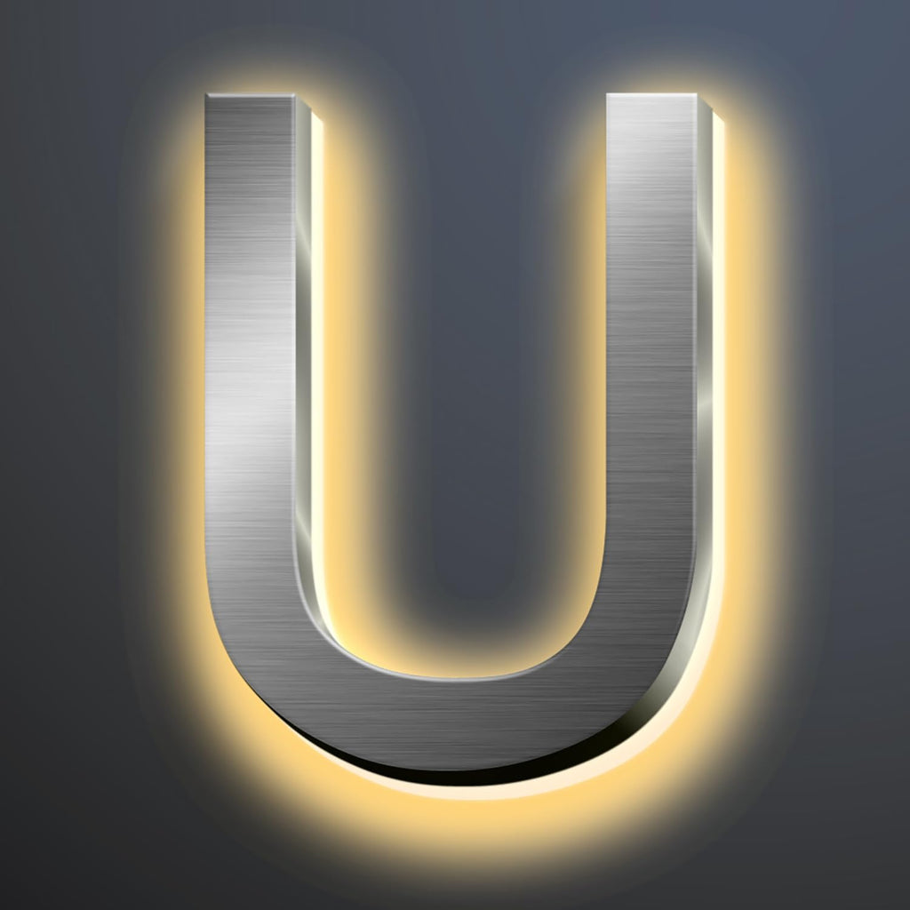 Backlit Illuminated LED House Numbers For Outside 16 Inch, Lighted Address Signs For House, Large Modern Illuminated Address Number, Brushed Silver, Warm White Light,U