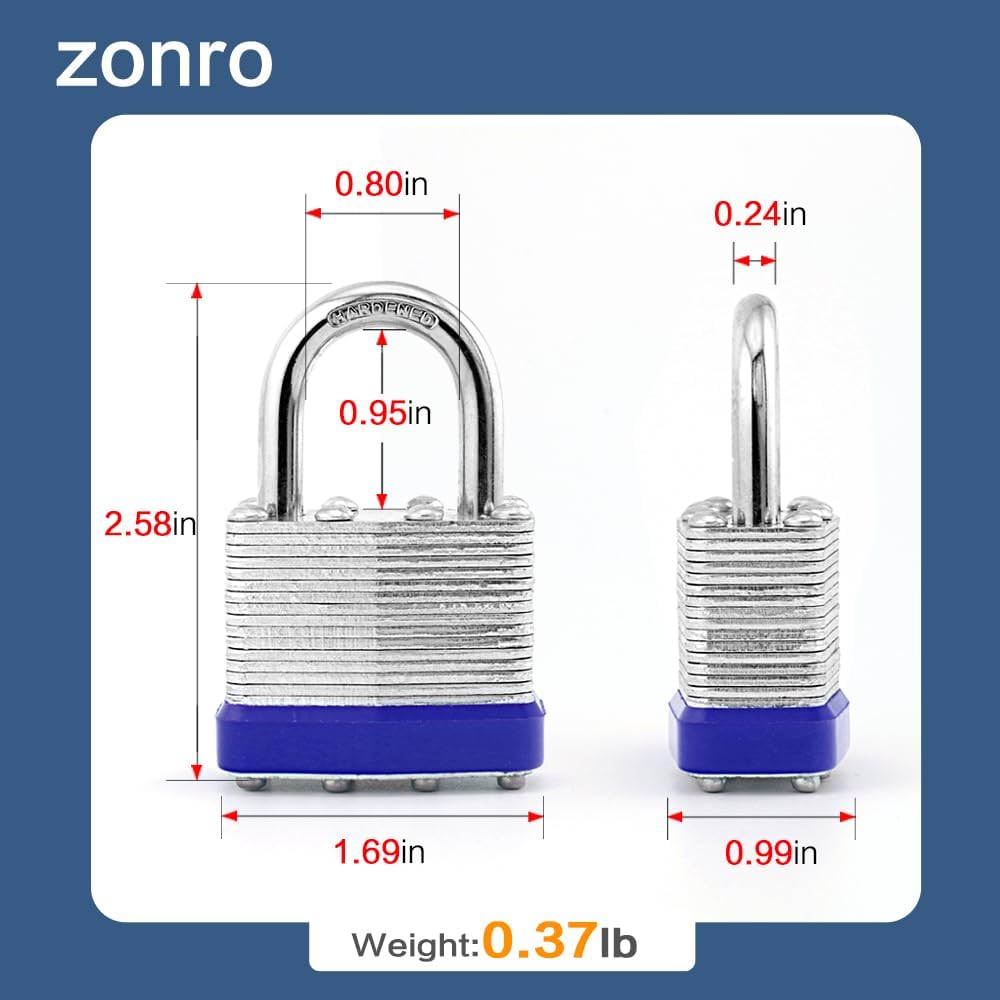 ZonRo Locks Laminated Steel Keyed Padlocks,Keyed Alike Locks, 1-9/16 inch Wide,Normal Shackle Padlocks, Pack of 48，Blue Hoop, for Hasp Latch, Sheds, Fences, Storage Locker, School, Gym…