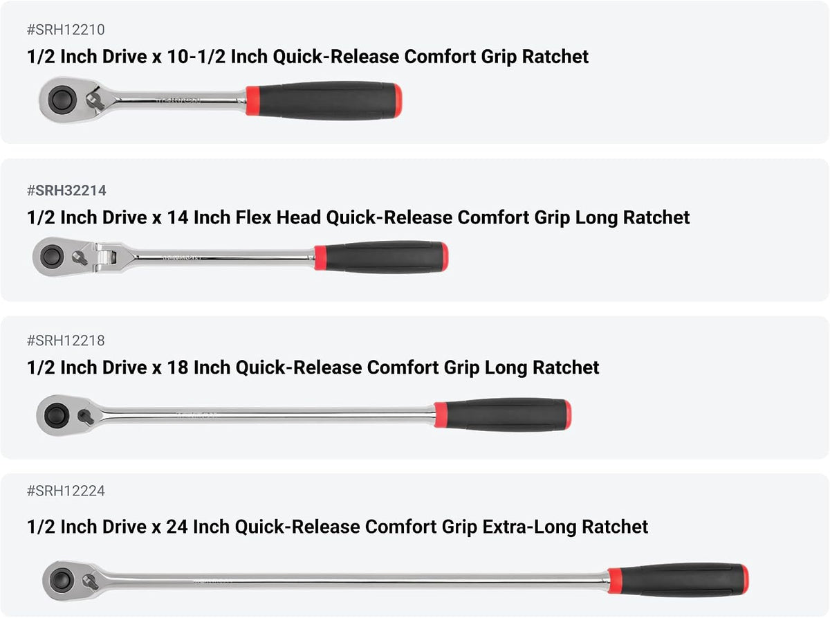 TEKTON 1/4, 3/8, 1/2 Inch Drive Quick-Release Comfort Grip Ratchet and Breaker Bar Set (15-Piece) | SDR99904