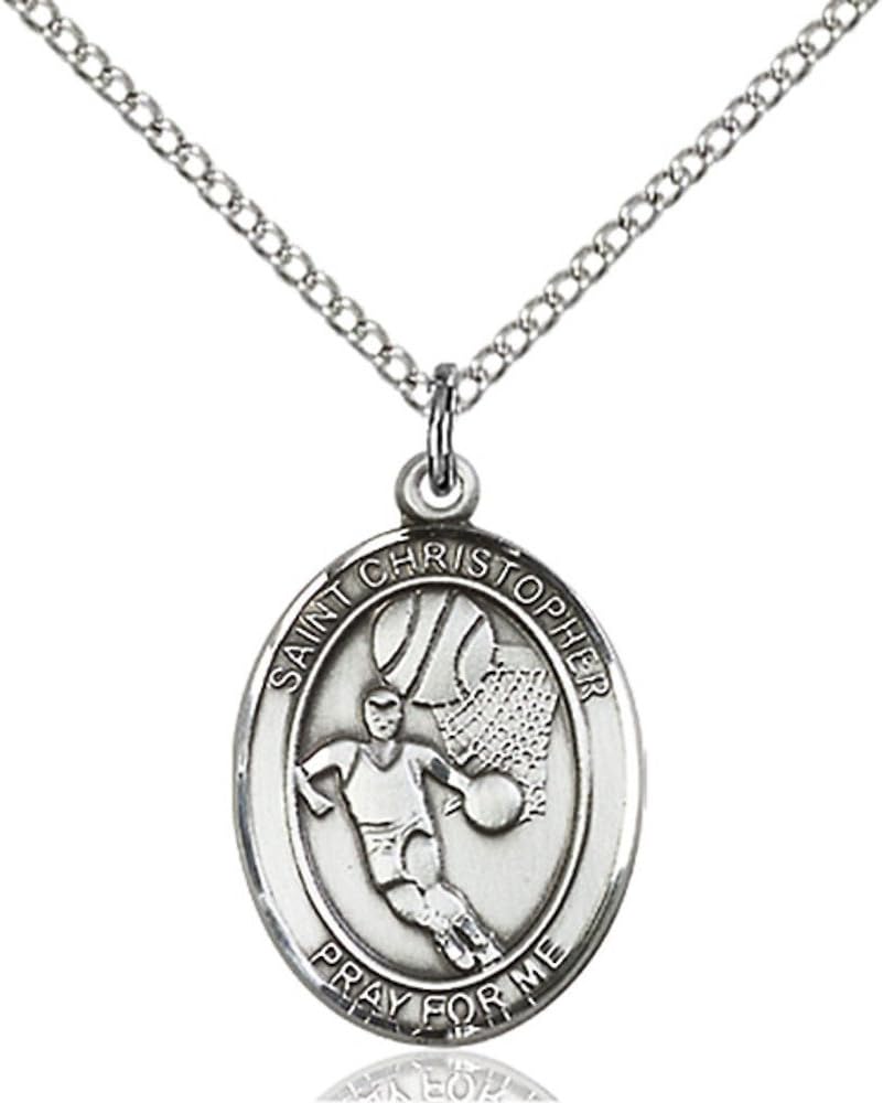Bonyak Jewelry St. Christopher - Basketball Hand-Crafted Oval Medal Pendant in Sterling Silver