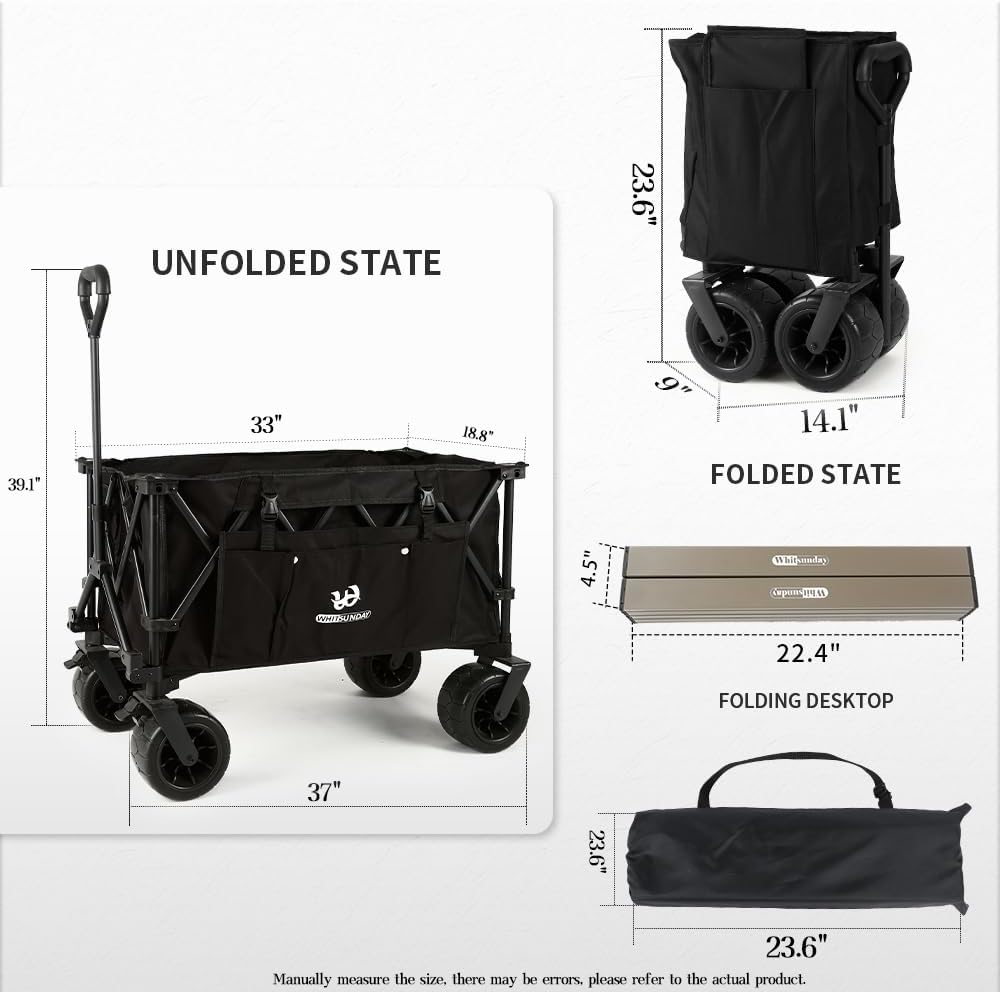Whitsunday Collasible Wagon, Large Capacity 400Lbs, All-Terrain Wheels Heavy Duty Utility Wagon for Gardening Shopping Fishing Camping Outdoor Picnic Black