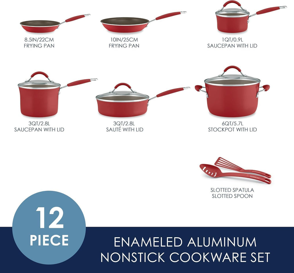 Rachael Ray Cucina Nonstick Cookware, Cranberry Red Pots and Pans Set, 12-Piece