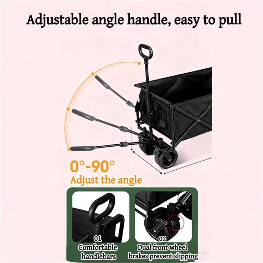 2 in 1 Rolling Wagon with Seats, Foldable Wagon with Wheels, Utility Grocery Cart for Camping, Beach, Sports, Garden(Black)