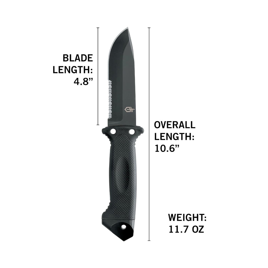 Gerber Gear LMF II Infantry Survival Knife, Made in USA Military Grade Tactical Fixed Blade with Serrated Edge, Shock Absorbing Handle, Molle Sheath and Sharpener, Black