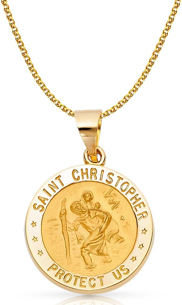 14K Yellow Gold Protect Us St. Christopher Medal Pendant Necklace with 1.7mm Flat Open Wheat Chain