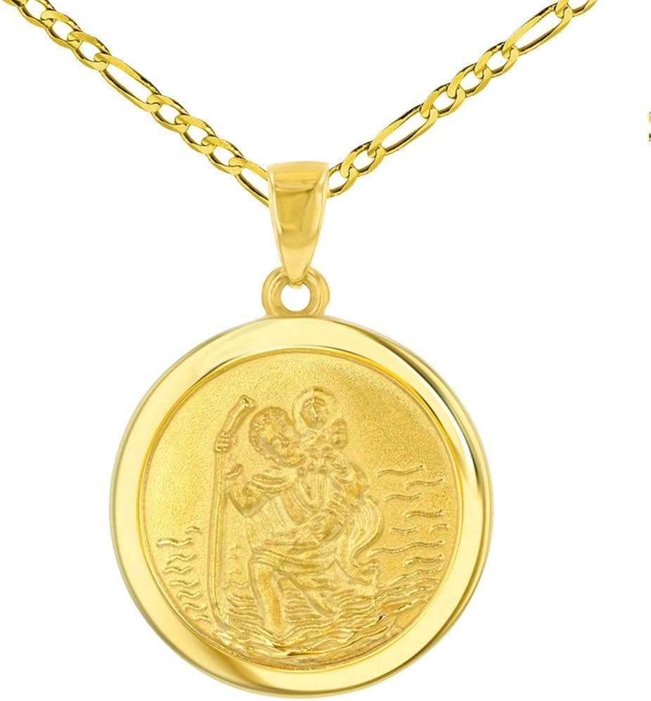 14k Yellow Gold Round Saint Christopher Medal Pendant Figaro Chain Necklace