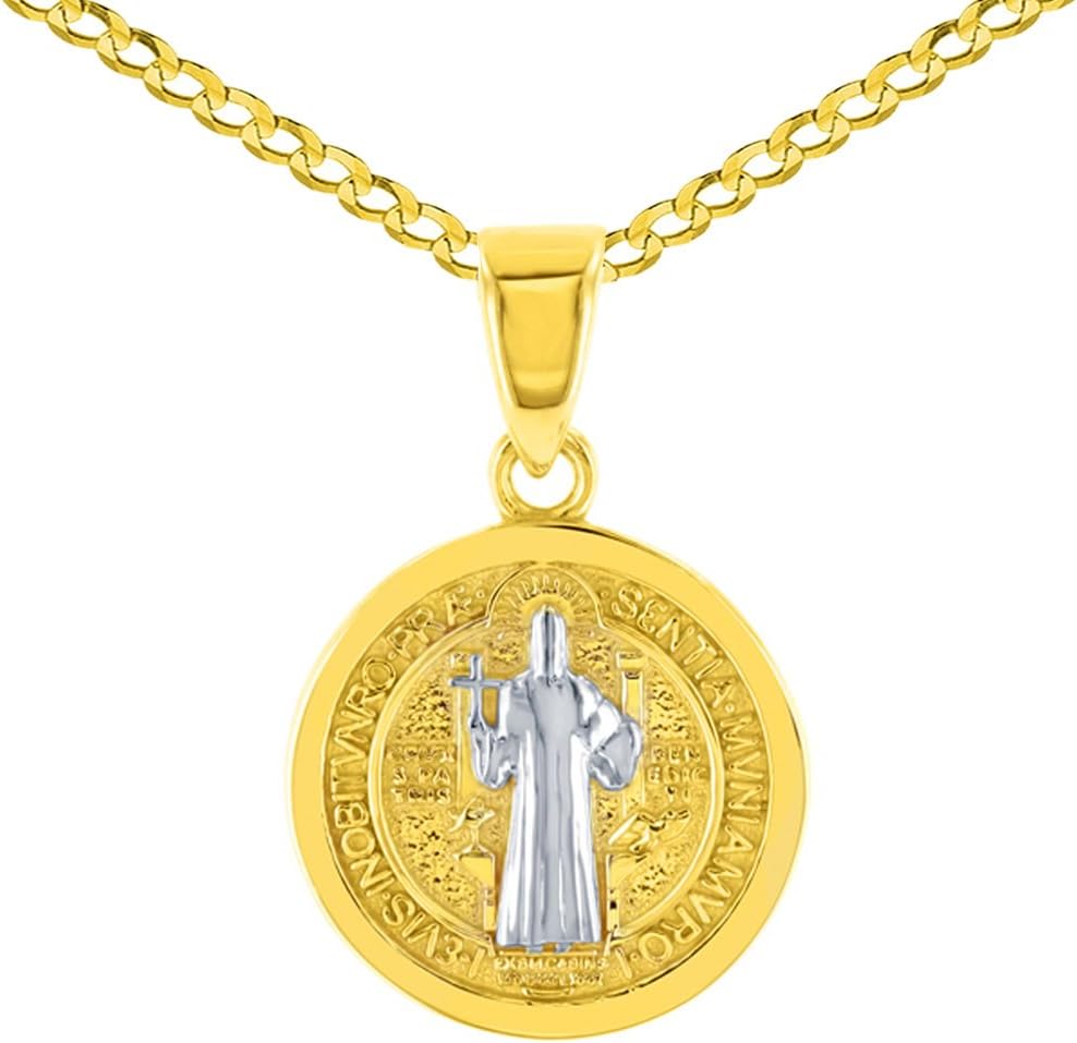 Solid 14K Yellow Gold Polished St Benedict Medal Charm Saint Pendant Cuban Chain Necklace