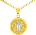 Solid 14K Yellow Gold Polished St Benedict Medal Charm Saint Pendant Cuban Chain Necklace