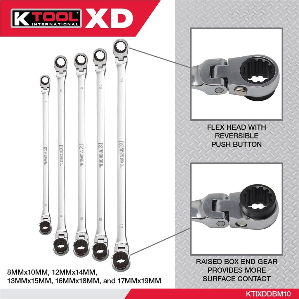 K Tool International XDDBM10 5 Piece Reversible Double Box Ratcheting Wrench Set for Garages, Repair Shops, and DIY, Black